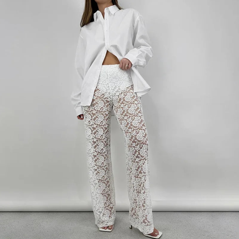 Women Clothing Lace Pant Summer New Female Sexy Club Hollow Out White Black High Waist Long Trousers Fashion Streetwear