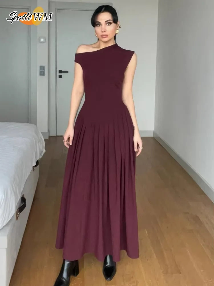 2025 Elegant White O Neck Pleated Hem Maxi Dress Women Fashion Open Back Solid A-line Dresses New Spring Summer Lady Party Robes Red