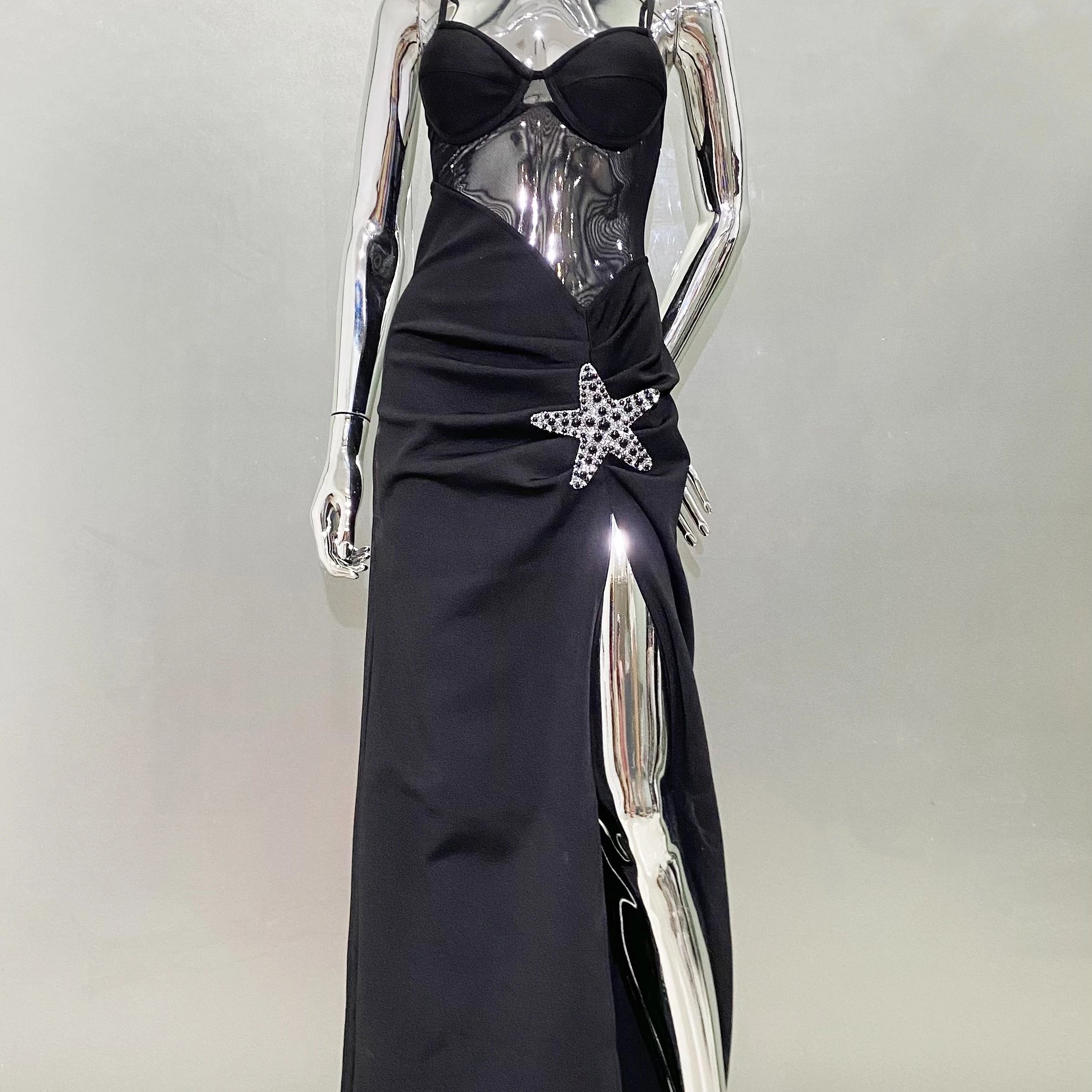 2024 Starfish Sexy See Through Mesh Patchwork Bandage Spaghetti Strap Floor Length Dress Evening Dress Celebrity Party Outfit black