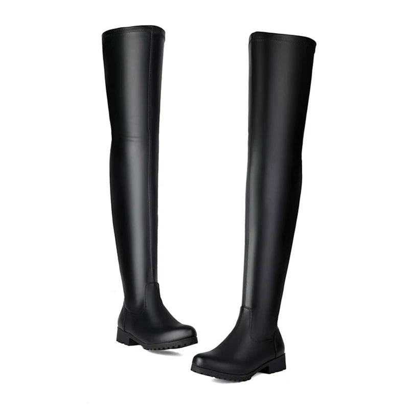 SIMLOVEYO New Winter Autumn Over Knee Boots 3.5cm Square Heel Zip Round Toe Leather Thigh High Fashion Big Size 45 46 47 48 US17 Black