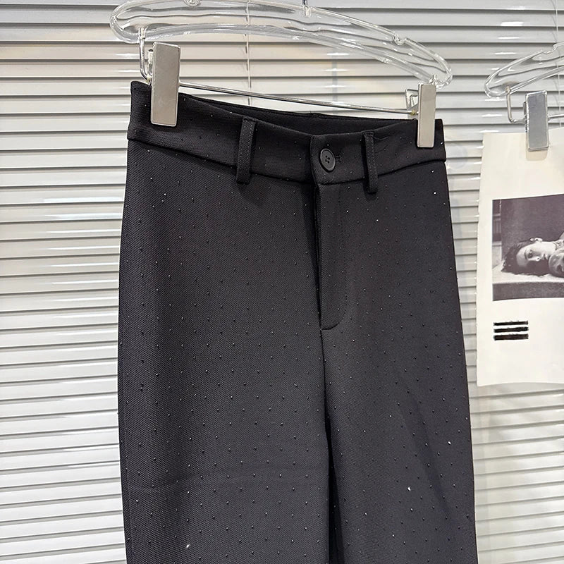 Winter New Fashion Full Rhinestone Stretch Fleece Flared Pants For Women High Waist Slim Fit Trousers Female 11A07729