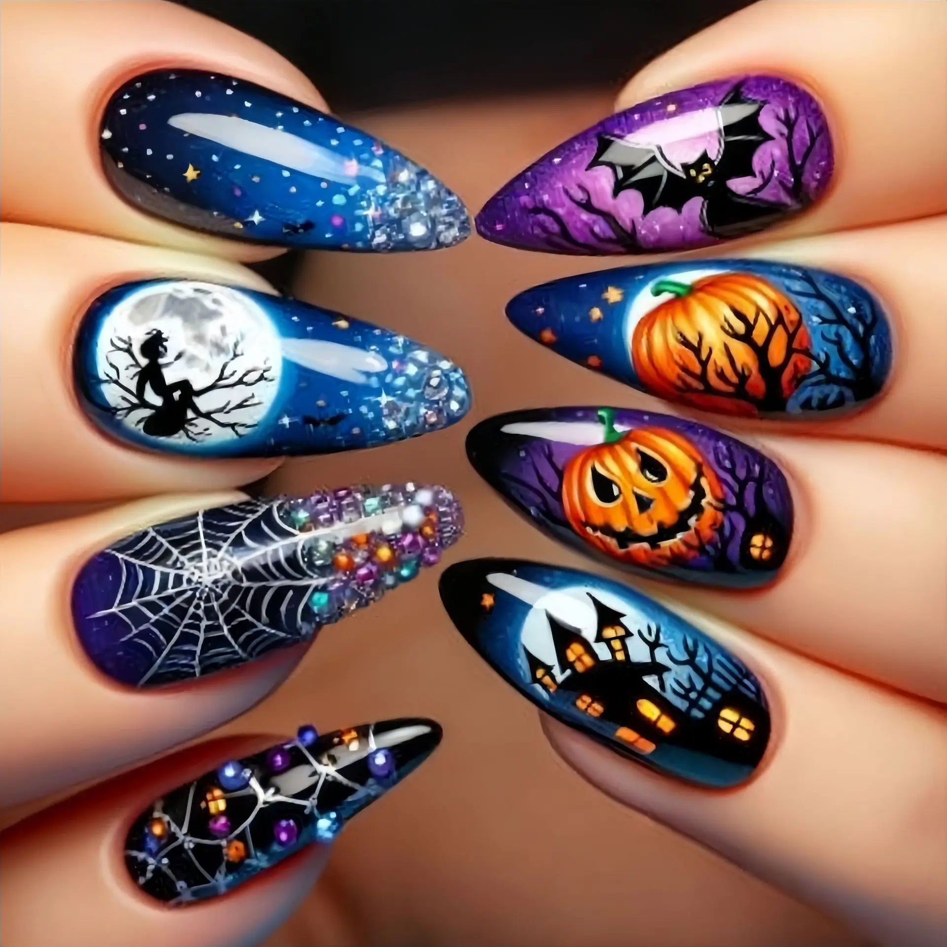 24pcs/set Short Medium fake nails for Halloween party Dead trees and crows bat Night sky Square almond tips press on false nail 2718
