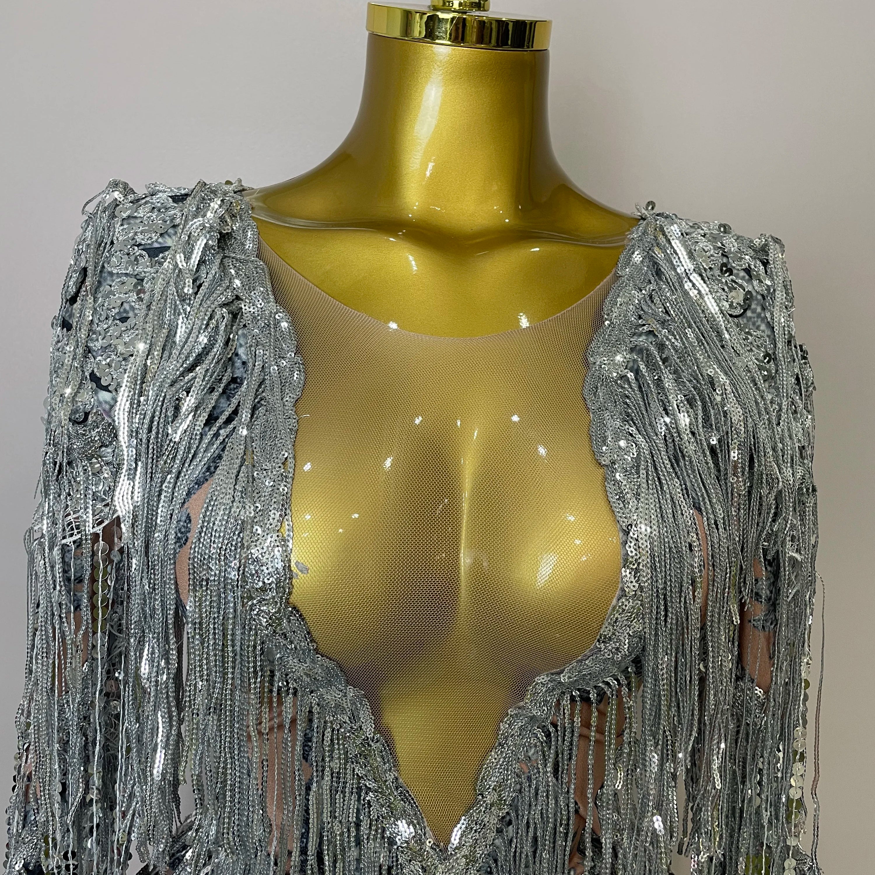 STOCK 2025 Flashing Sequins Tassels Sexy See-Through Sheath Bodysuit Evening Party Nightclub Dancer Stage Perfprmance Costume