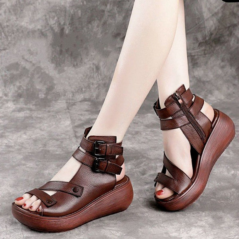Women Summer Sandals Mid Heels Wedges Shoes Ladies Vintage Leather Plus Size 40 Sandalias Mujer Sapato Feminino Fashion Footwear