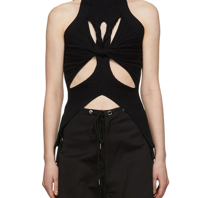 Solid Hollow Out Knitting Tank Tops For Women Turtleneck Sleeveless Off Shoulder Slim Vests Female Fashion Clothing black