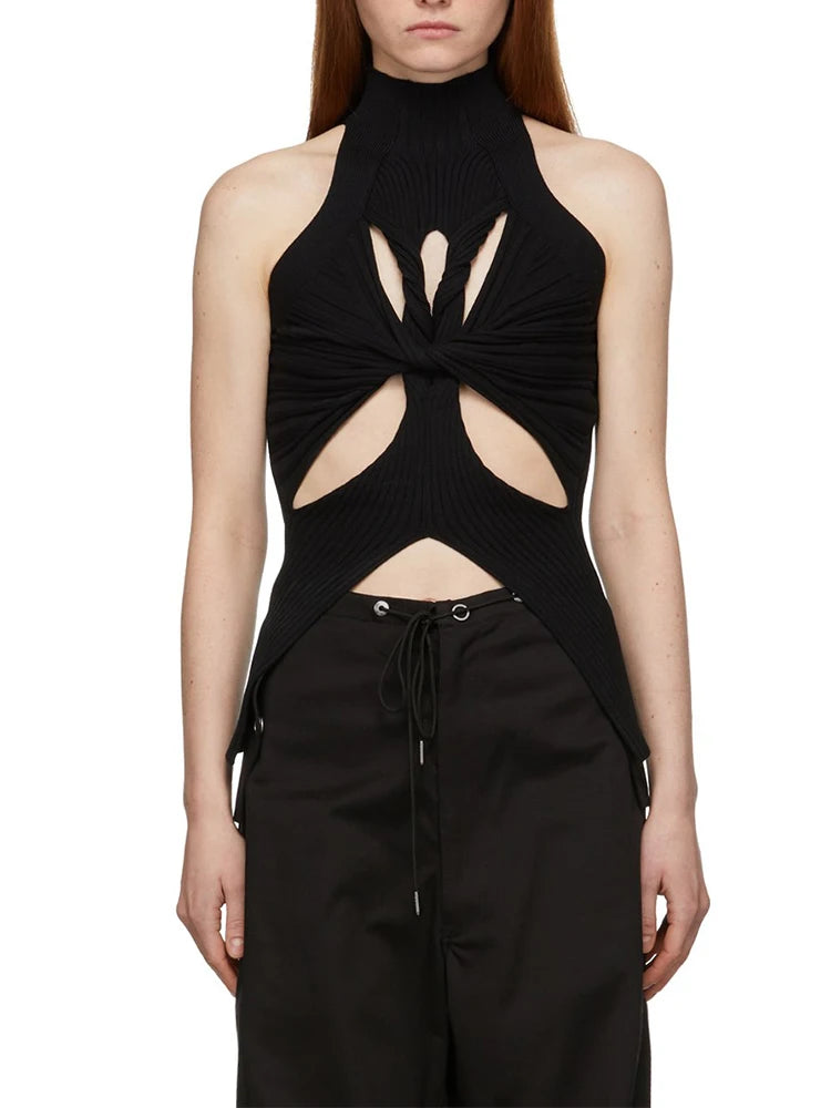 Solid Hollow Out Knitting Tank Tops For Women Turtleneck Sleeveless Off Shoulder Slim Vests Female Fashion Clothing black