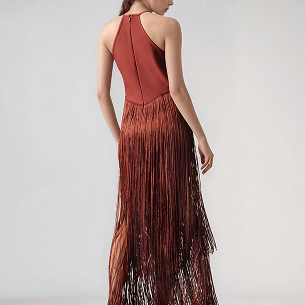 Modphy Sexy Tassel Ankle Bodycon Bandage Long Dress 2025 New Celebrity Elegant Evening Club Luxury Birthday Party Outfit ﻿