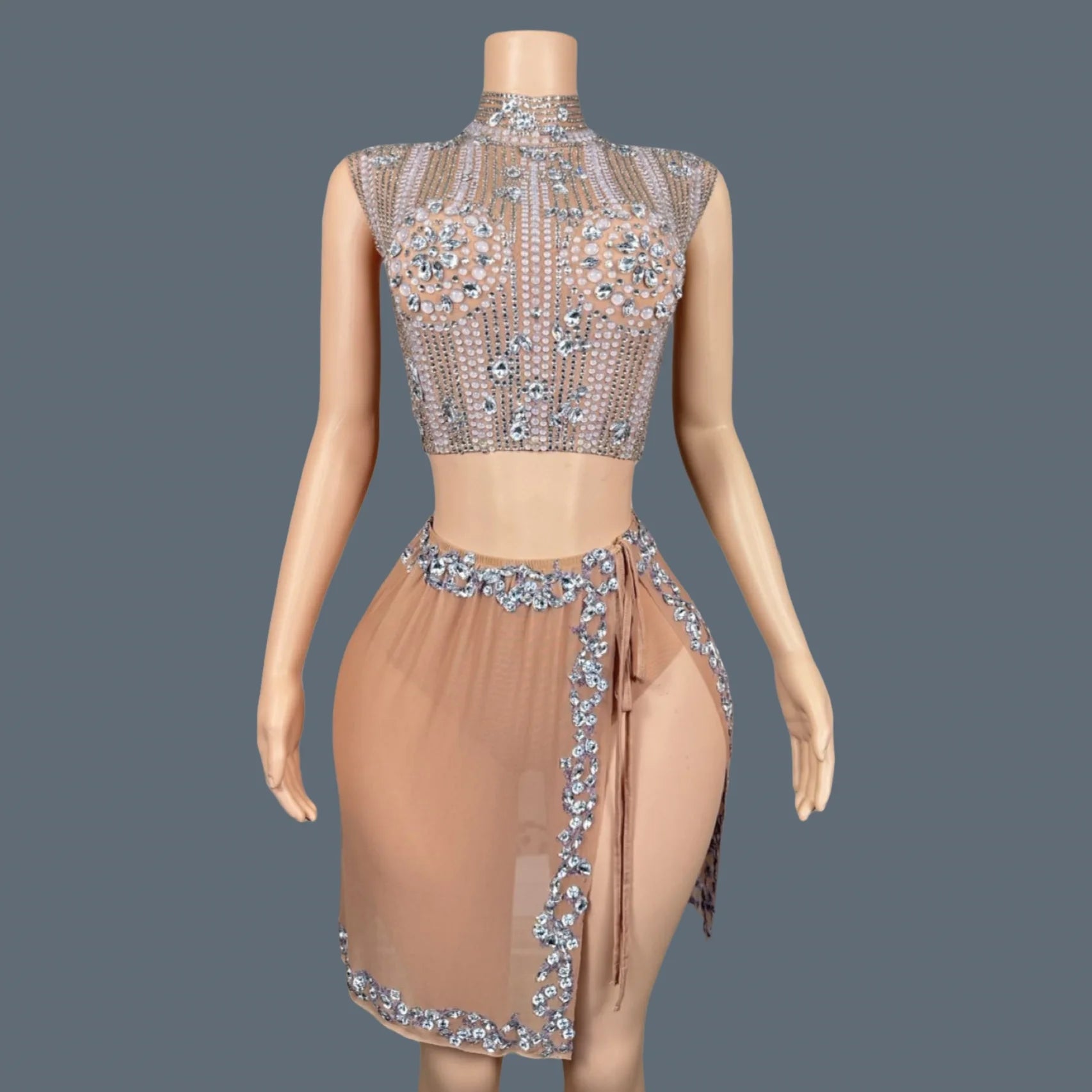 Sparkly Rhinestone Crop Tops Mini Skirt 2Pieces Set Festival Party Mesh Outfit Side Slits Bodysuit Event Dance Sexy Wear Luzhu Beige