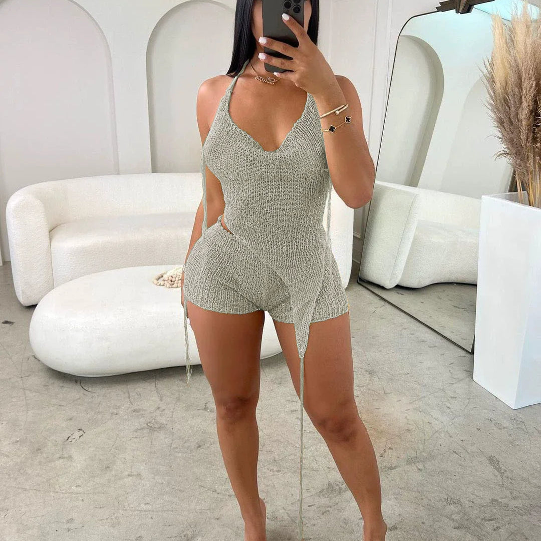 Knit Ribbed Women's Set Halter Neck Backless Crop Top with Hat Shorts Suit 2023 Summer Two 2 Piece Set Outfit Tracksuit GRAY