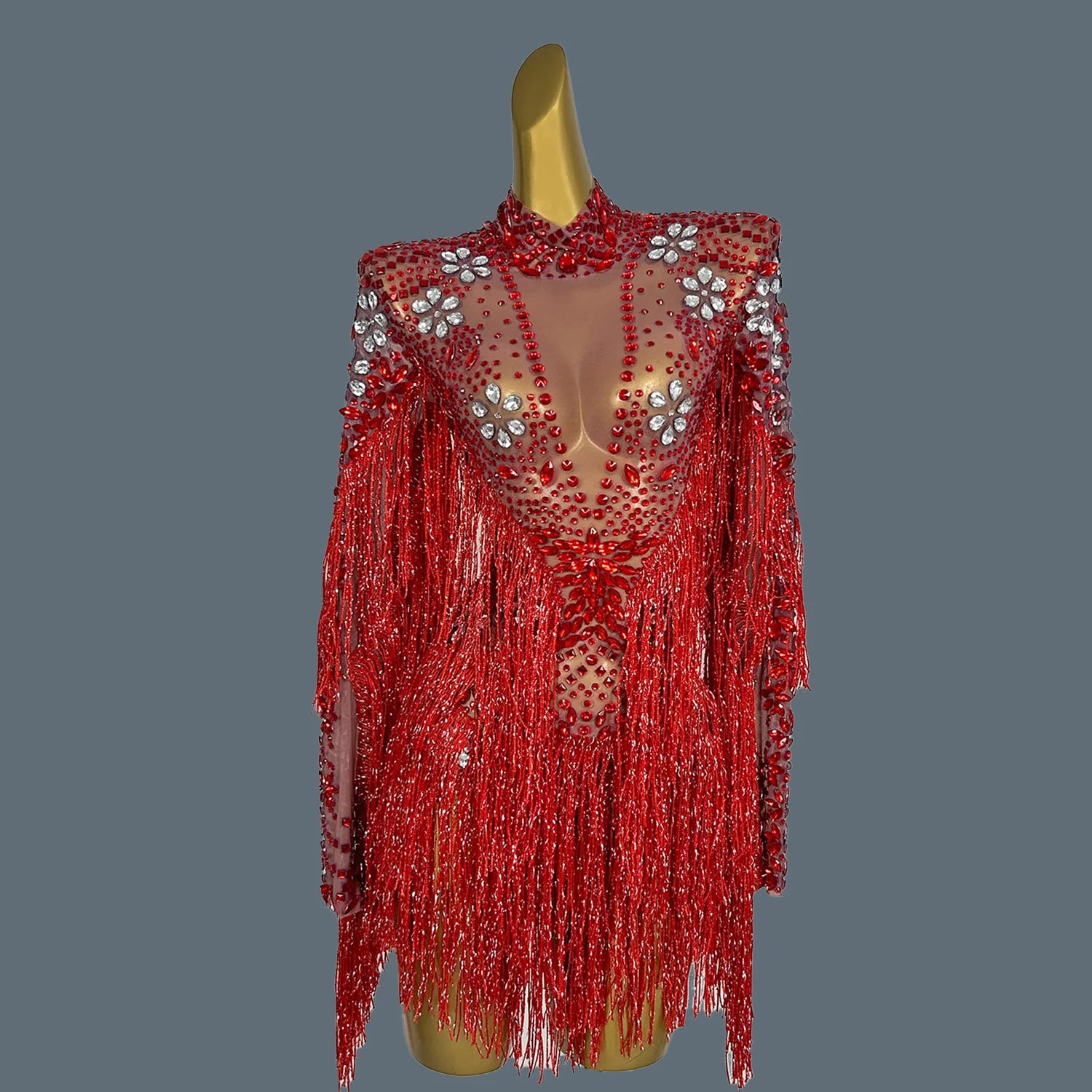 Shining Silver Tight Bodysuit Performance Dancer Costume Women Sexy Mesh Stretch Sequins Fringes Nightclub Stage Outfit Shenhui Red