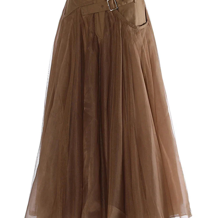 [EAM] High Waist Khaki Buckle Irregular Mesh Long A-line Half-body Skirt Women Fashion Tide New Spring Autumn 1DH0633