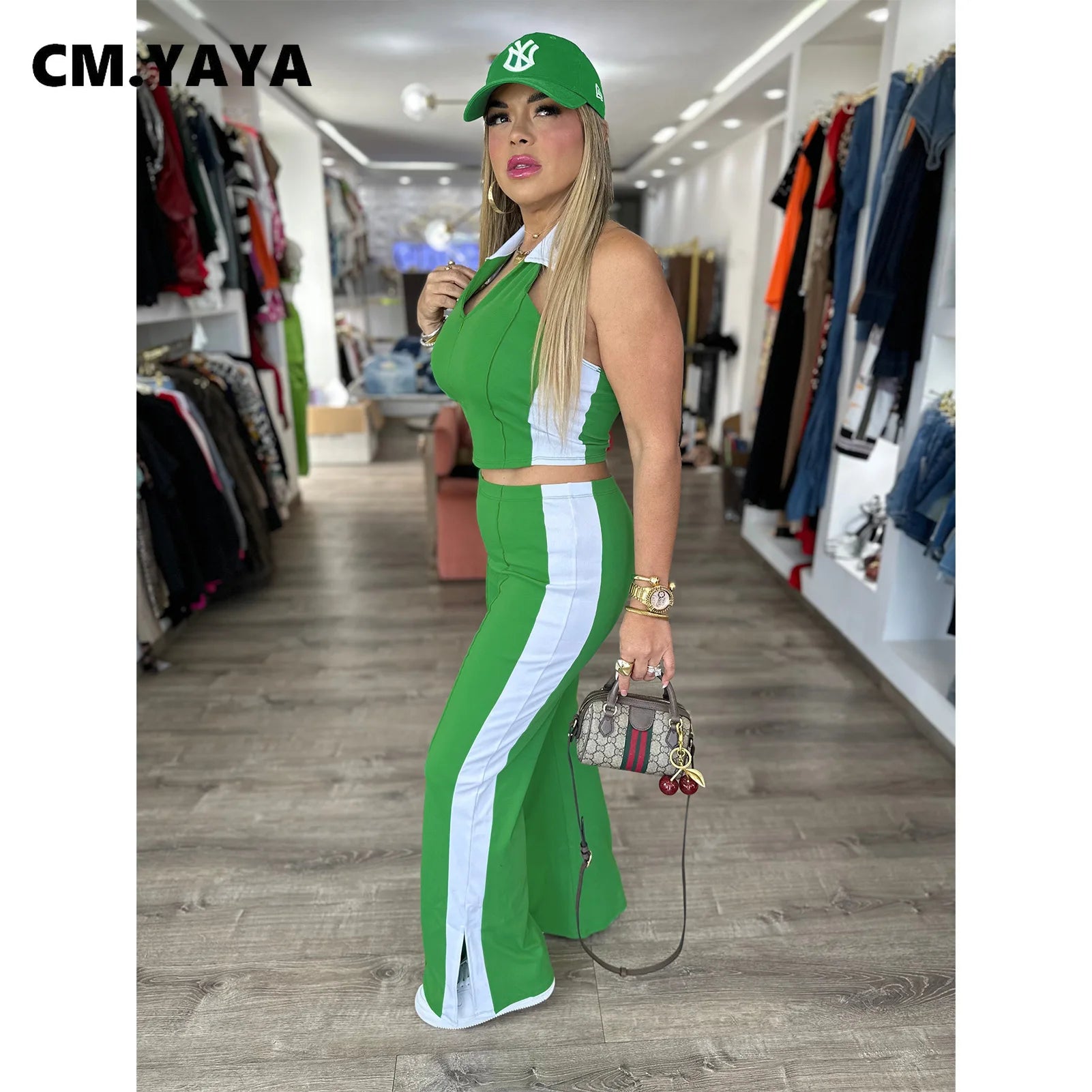Sporty Patchwork Women's Set Sleeveless Polo-tank Tops and Slit Flare Pants 2025 Active Two 2 Piece Set Outfit Tracksuit