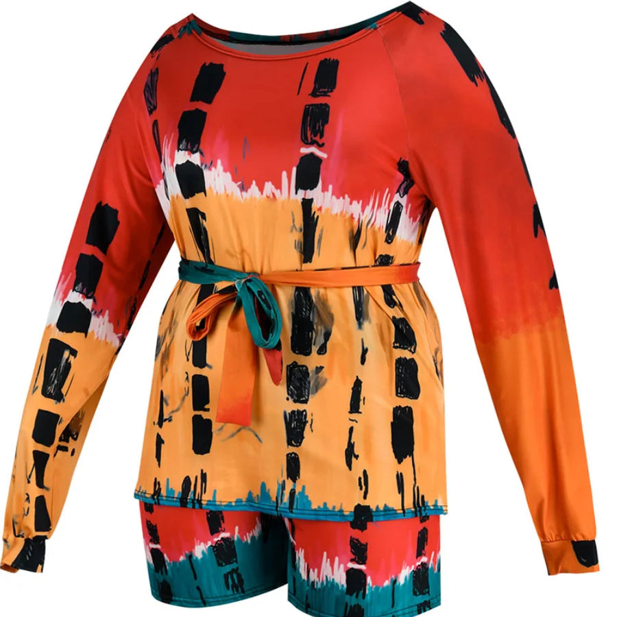 LW Plus Size shorts Two pieces sets casual long sleeve Tie Dye Bandage Top + Shorts Set 2024 NEW Spring summer Fashion 2pcs set