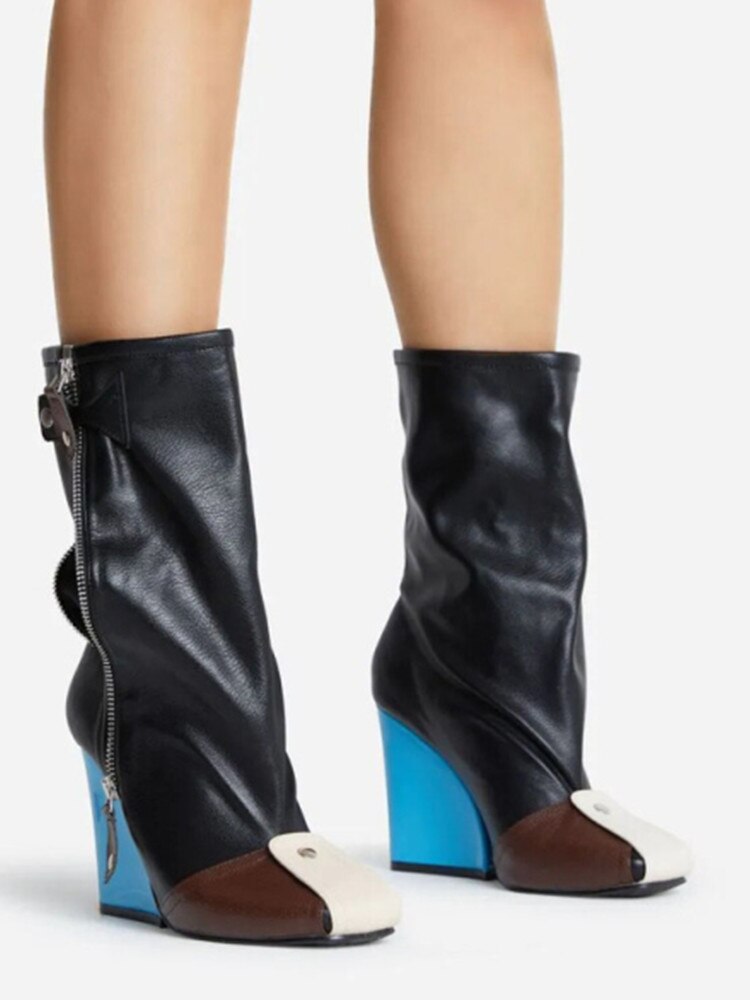 Punk Fan Motorcycle Boots Wome's Zipper Thick Sole Knee High Boots European and American Trend Nightclub Party black blue heel 2