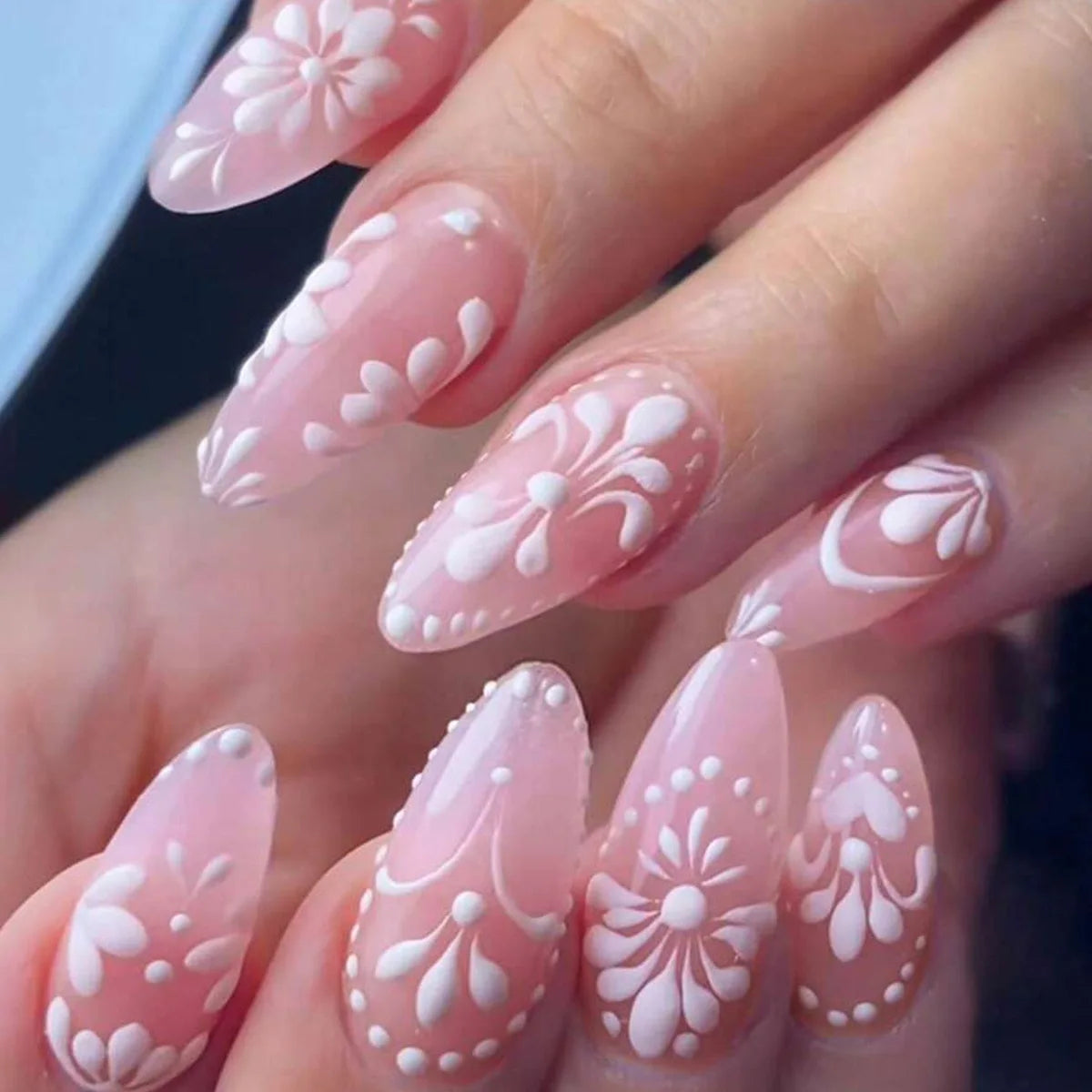 24pcs/set fake nails for women girls 3D embossed flowers cute pink blue leopard print Almond Square tips press on false nail 2836