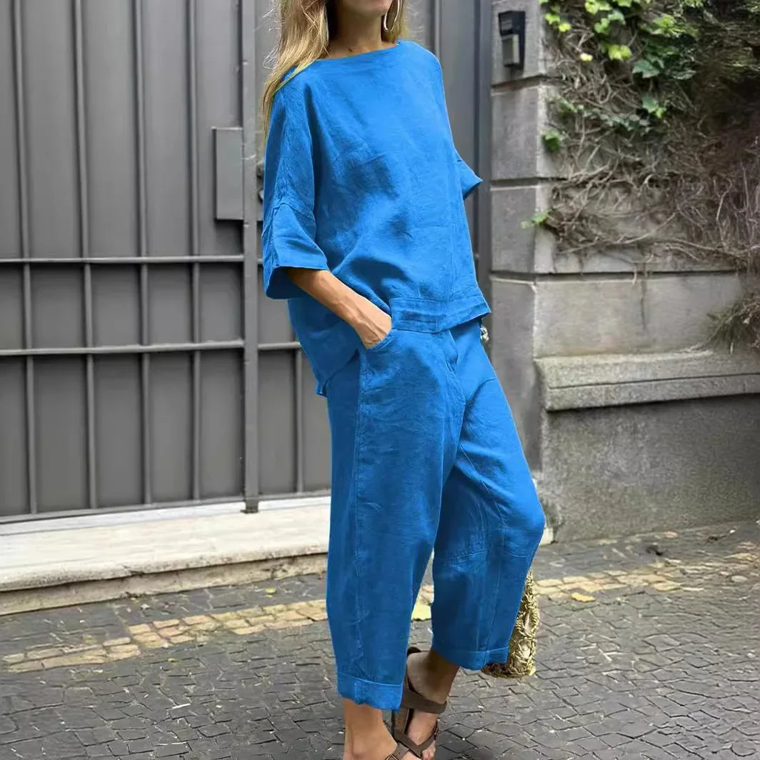 Summer Fashion New Style Matching Series Round Neck Cotton Linen Top High Waist Wide Leg Long Pants Set Plus Size Women's Wear Light Blue
