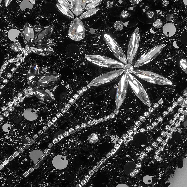 Black Sequins Sweet Heart Neckline Long Dress Hollow Out Low Cut Long Sleeves Diamond Flowers Details Bodycon Evening Gown