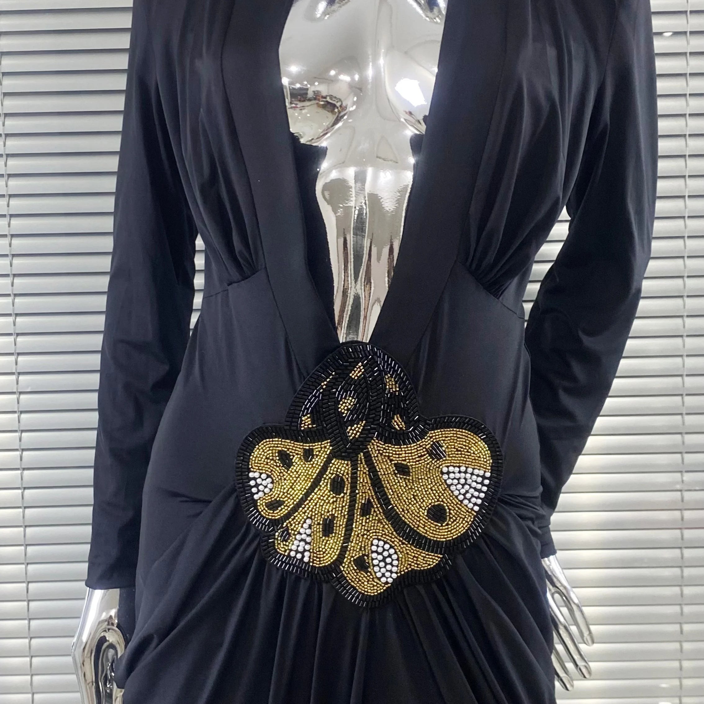 2025 New Beaded Decoration Sexy V-Neck Package Hip Black Floor Length Dress Celebrity Party Dress Woman Cocktail Outfit