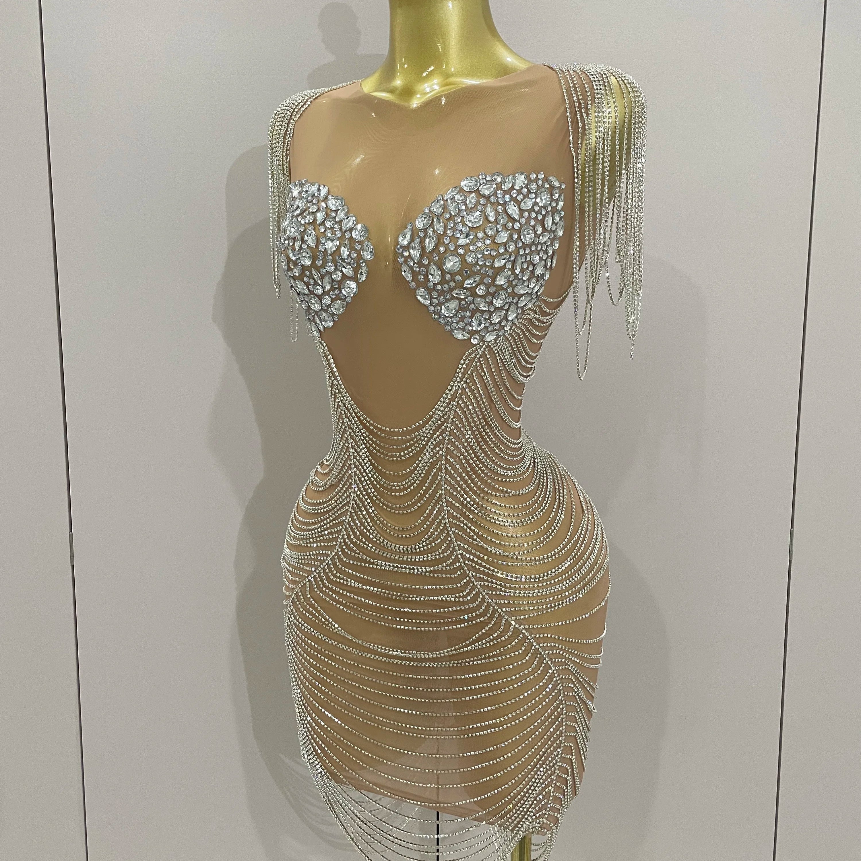 2025 New Sparkly Diamonds Crystal Sexy Mesh See Through Mini Dress Women Birthday Party Club Celebrate Stage Performance Costume