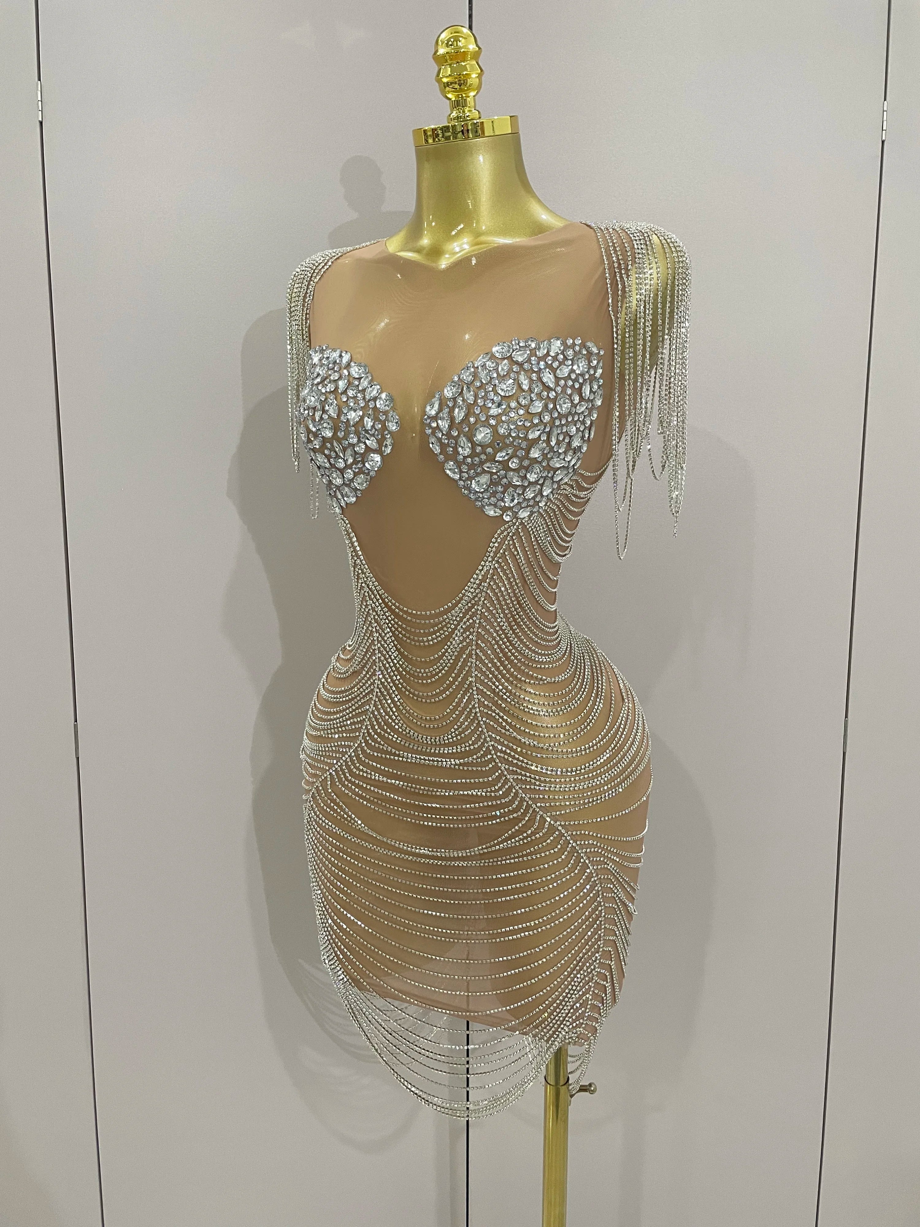 2025 New Sparkly Diamonds Crystal Sexy Mesh See Through Mini Dress Women Birthday Party Club Celebrate Stage Performance Costume
