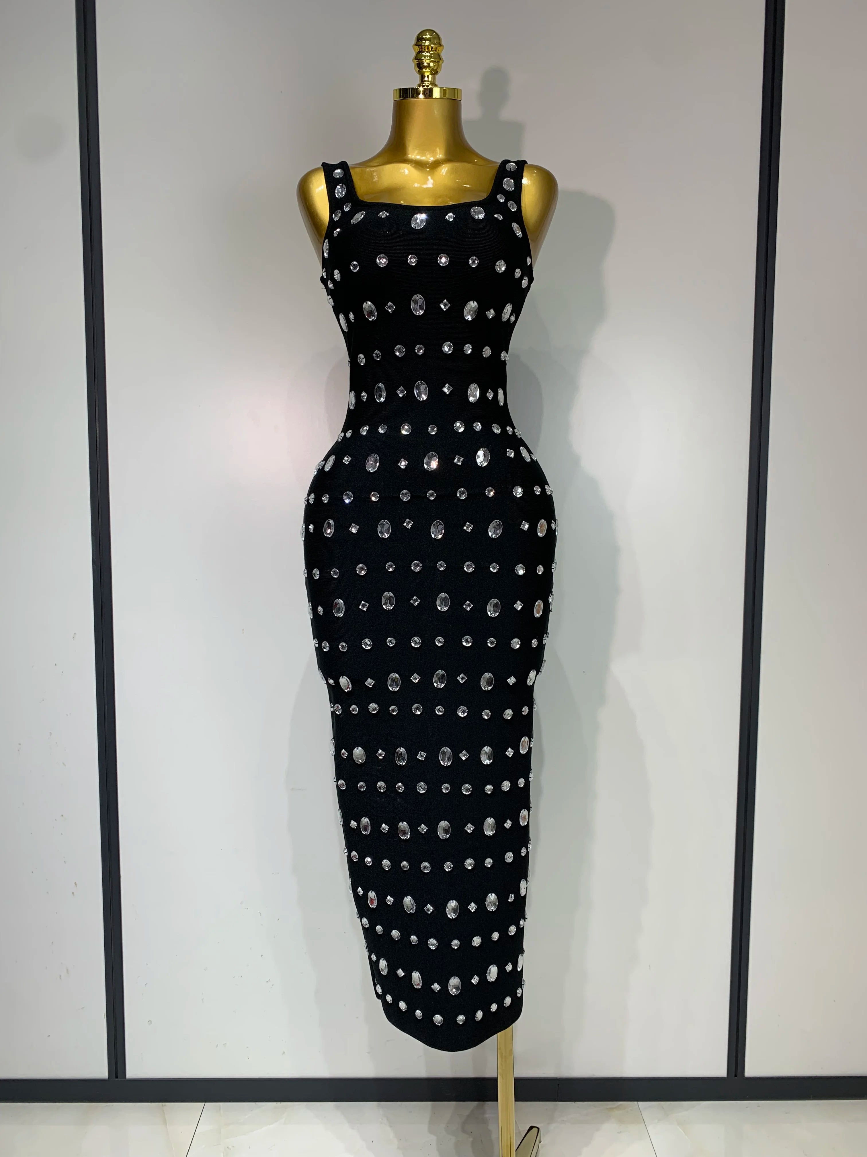 Newest 2025 Fashion Designer Women's Rhinestone Beaded Elastic Bodycon Bandage Maxi Long Dress Elegant Luxury Birthday Outfit black