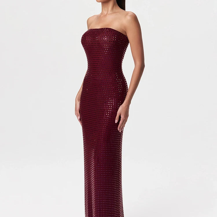 Redwine Beaded Strapless Long Maxi Dress For Women Elegant Sleeveless Backless Sparkle Crystals Bodycon Cocktail Evening Gown