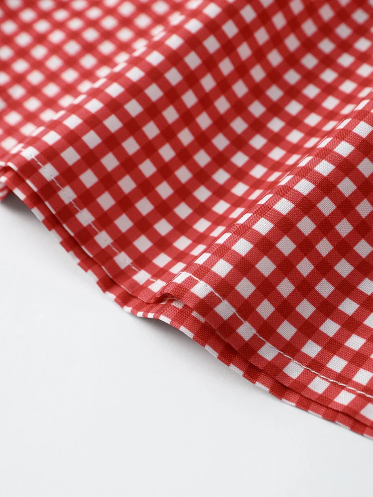 Red Plaid O-neck Lace Up Women Shirts And Blouses Puff Sleeve Hollow Out Women's Shirt Summer Casual Ruffles Female Tops