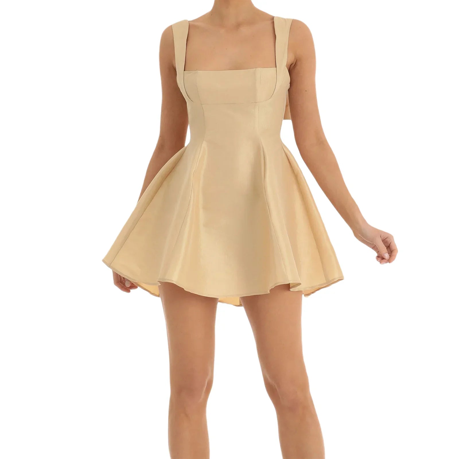 Women Summer Backless Big Bow Straps A-line Dress Sweet Solid Color Sleeveless Square Neck Short Dresses for Party Cocktail Prom Champagne