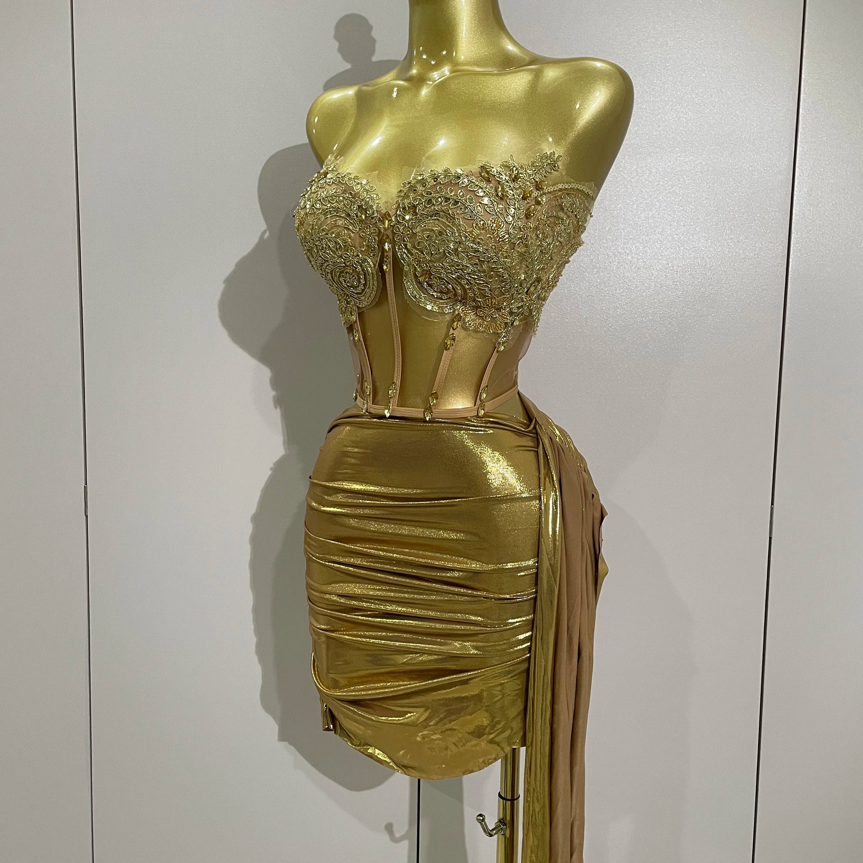 Sparkly Gold Sexy Top Two Pieces Short Skirt Set 2025 Women Celebrate Birthday Dress Party NightClub Dancer Show Stage Outfit