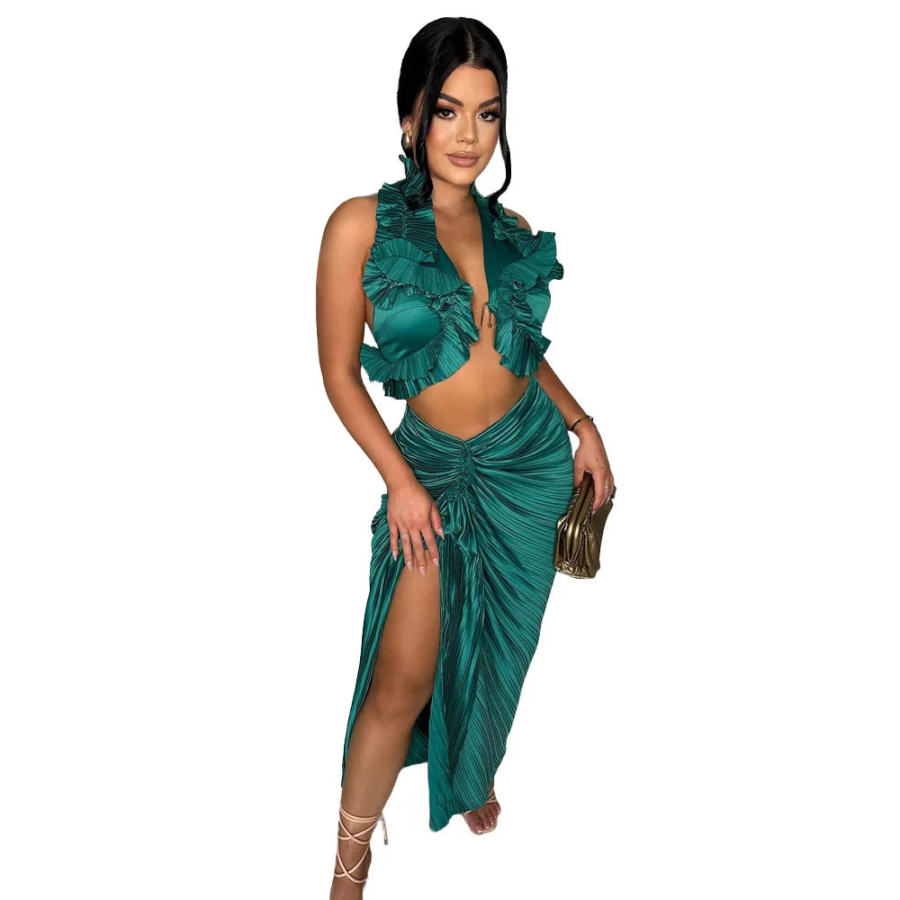 Women's Set Sleeveless V-neck Ruffles Crop Top and Ruched Split Skirts Suit 2024 Summer Street Two 2 Piece Sets Outfit green