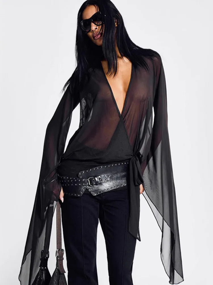 Mesh See Through Sexy Mini Dress For Women Black Sheer Mesh Deep V Neck Long Sleeve Backless Draped Ruched Dress