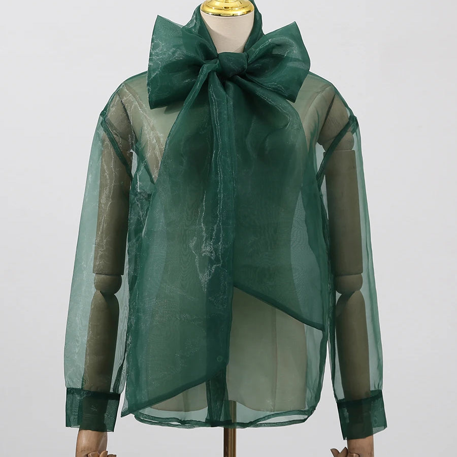 Solid Sheer Two Piece Sets for Women Round Neck Long Sleeves Spliced Bowknot Top High Waist Skirt Set Female New