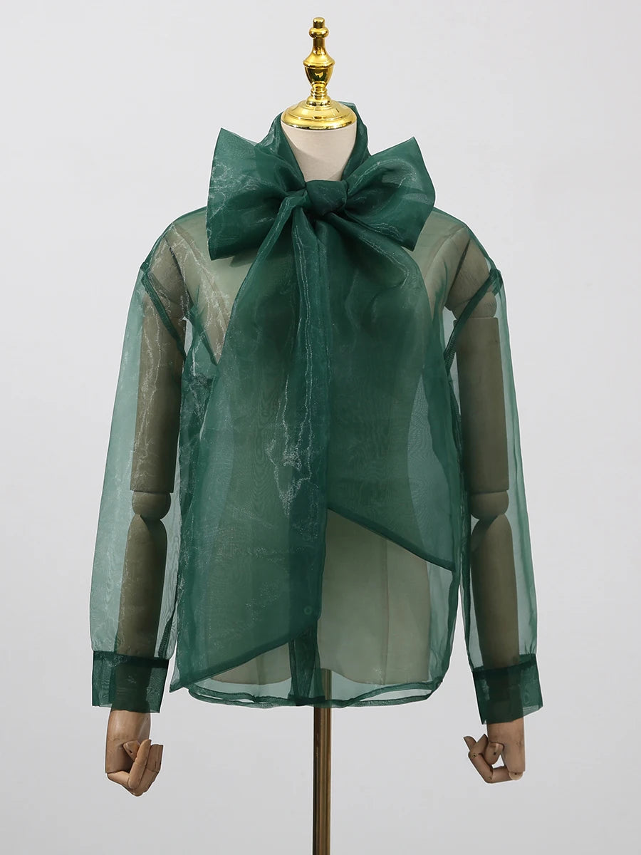 Solid Sheer Two Piece Sets for Women Round Neck Long Sleeves Spliced Bowknot Top High Waist Skirt Set Female New