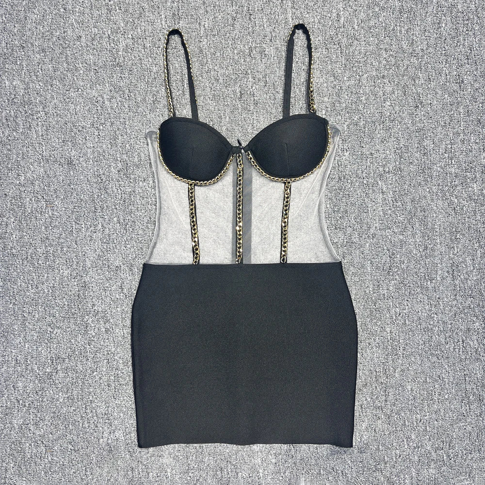 Black Bandage Short Dress Women 2024 Fashion Summer Sexy Spaghetti Strap Mesh Patchwork Perspective Mini Dress black