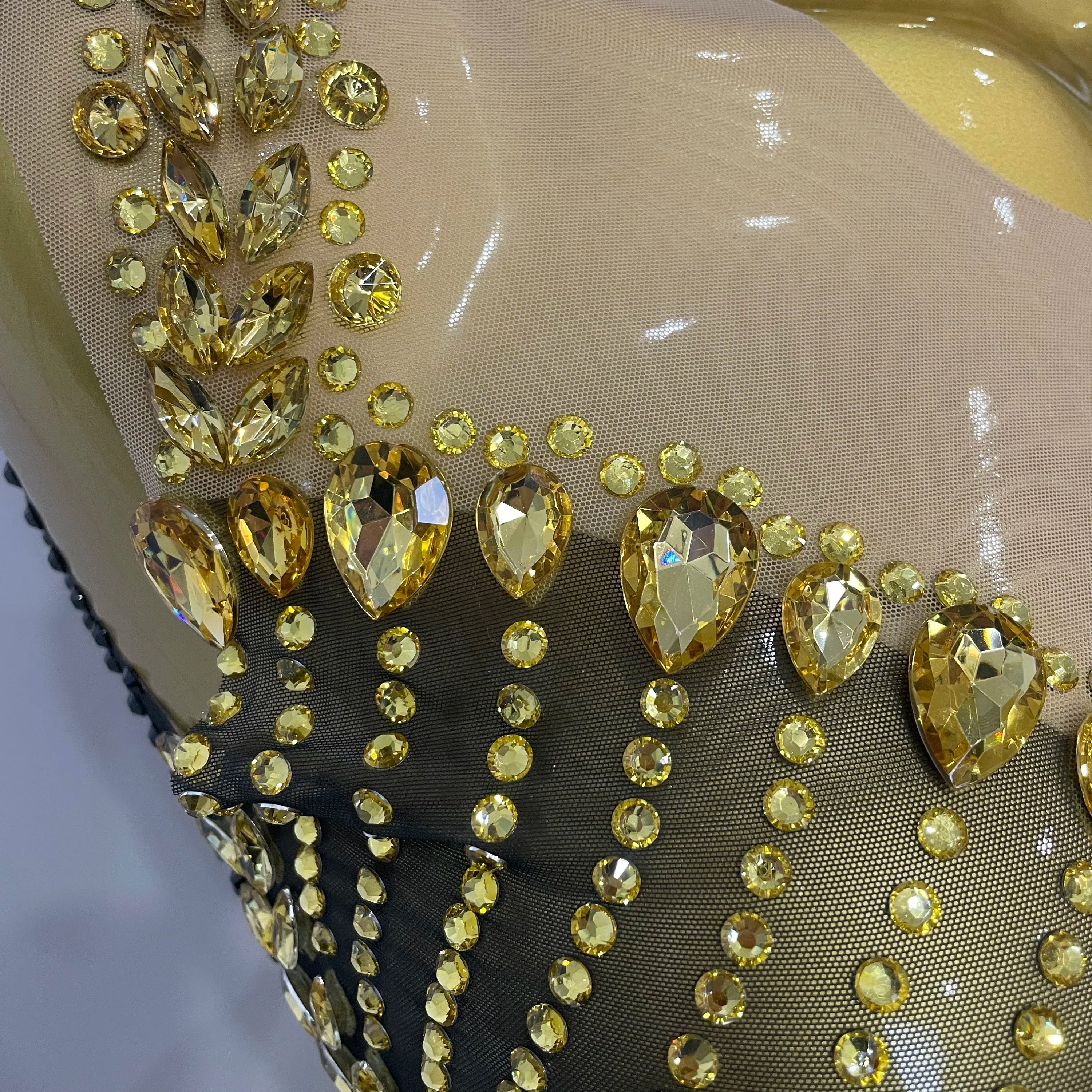 2025 Sparkly Gold Rhinestone Transparent Sleeveless Mini Dress Evening Birthday Celebrate Party Nightclub Performance Costume