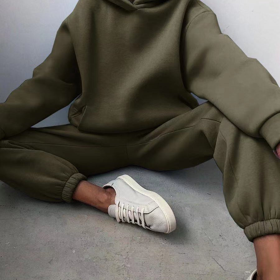 Winter Women Two Piece Sets Tracksuit Autumn Casual Solid Long Sleeve Hoodie Sweatshirts Female Oversized Trouser Pant Suit Military Green