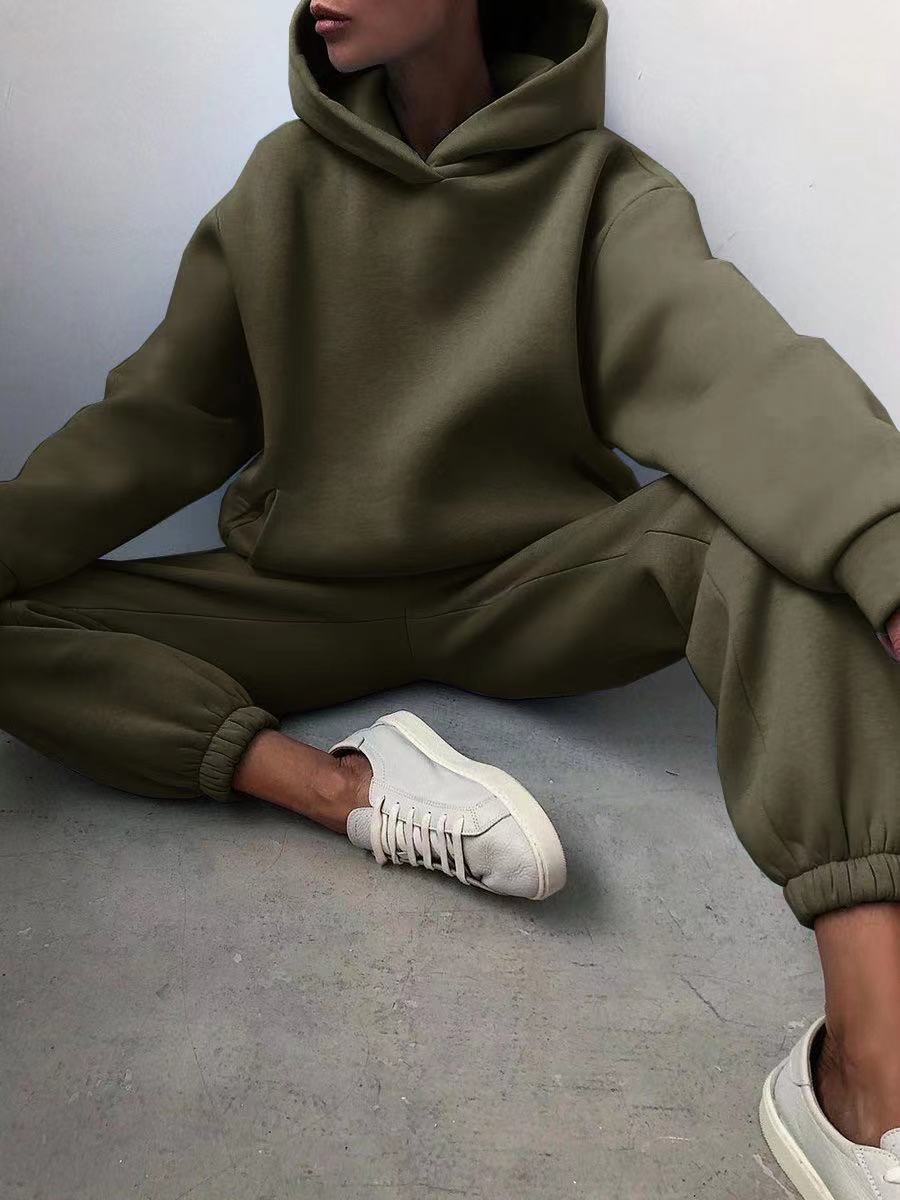 Winter Women Two Piece Sets Tracksuit Autumn Casual Solid Long Sleeve Hoodie Sweatshirts Female Oversized Trouser Pant Suit Military Green