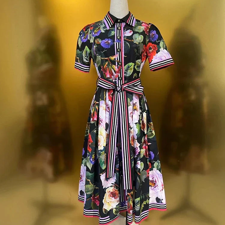 VGH Patchwork Lace Up Floral Printing Casual Dresses For Women Lape Short Sleeve High Waist Spliced Button Dress Female Fashion BLACK