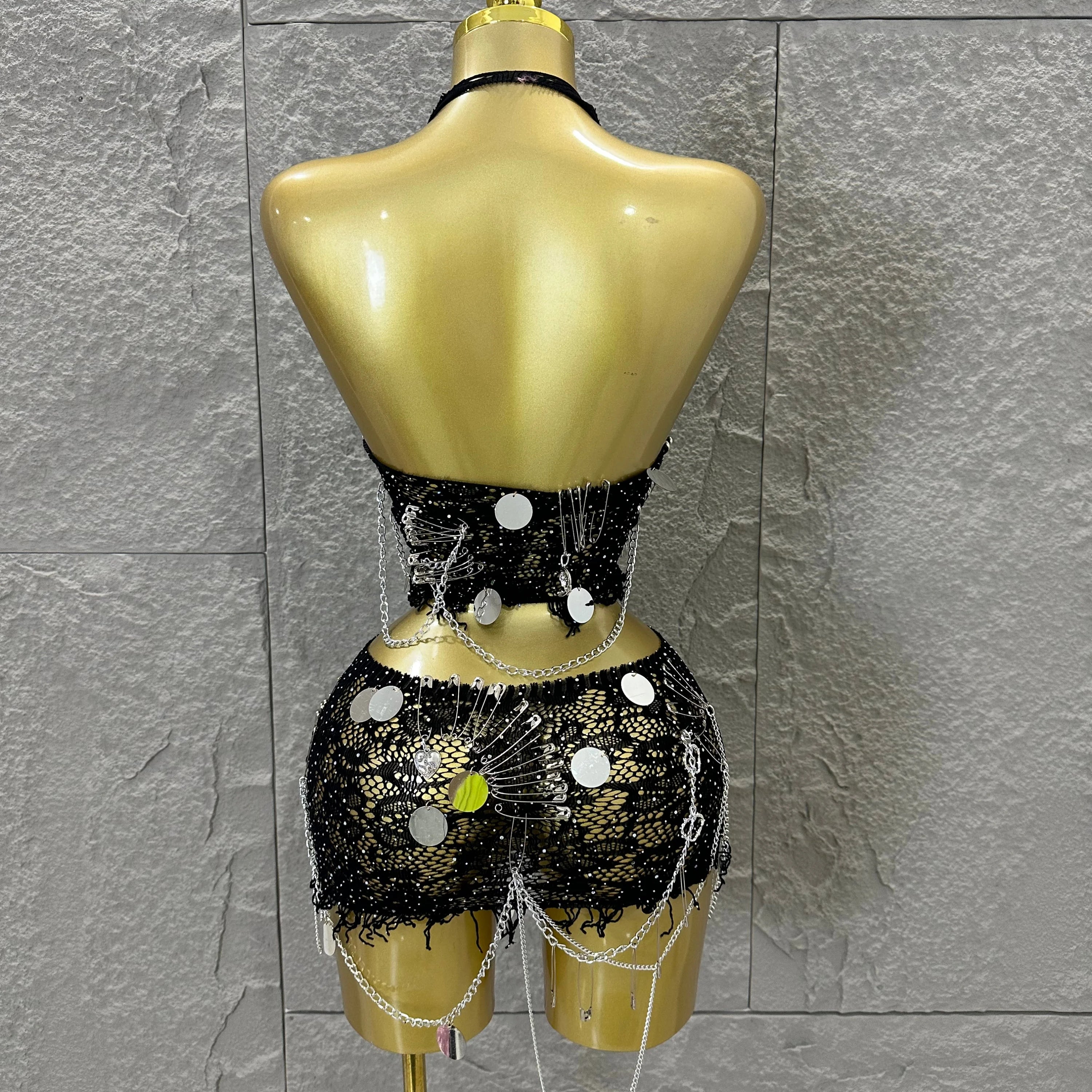 Women Sexy Safety Pin Lace Two Piece Set Halter Neck Sequin Embellished Crop Top & Mini Skirt Outfit Stage Performance Costume