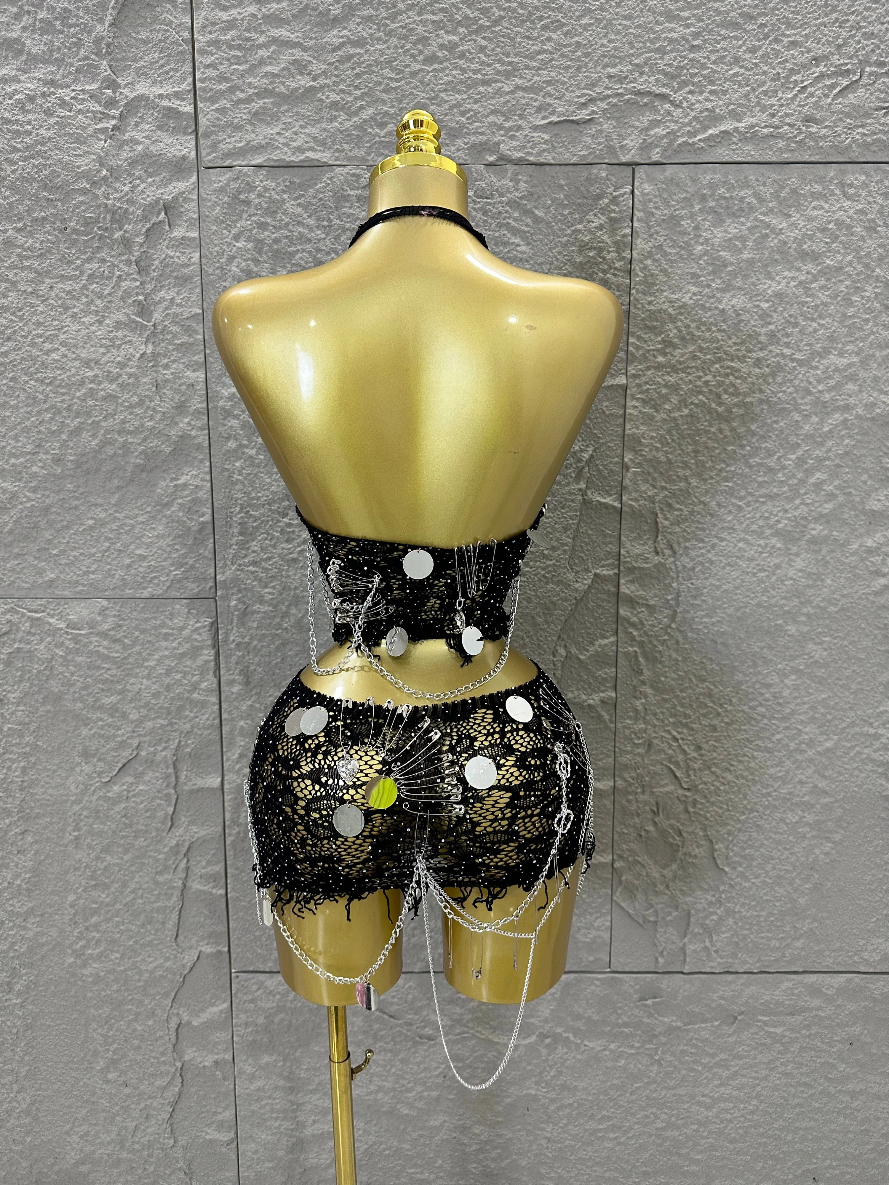 Women Sexy Safety Pin Lace Two Piece Set Halter Neck Sequin Embellished Crop Top & Mini Skirt Outfit Stage Performance Costume