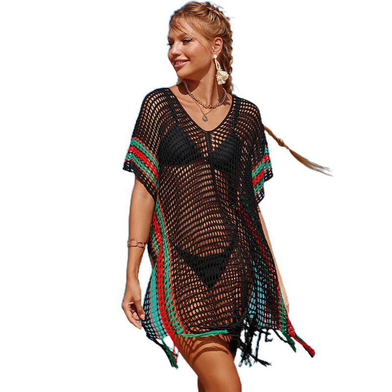 Swimsuit Cover Beach Cover Up Crochet Iridescence Knitted Beachwear Long Pareos Sexy Beach Dress Black