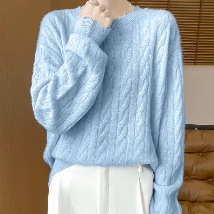 Women Cable Knit Sweater 100% Merino Wool Knitwear O-neck Preppy Style Long Sleeve Pullover Autumn Winter Cashmere Sweater Tops Blue