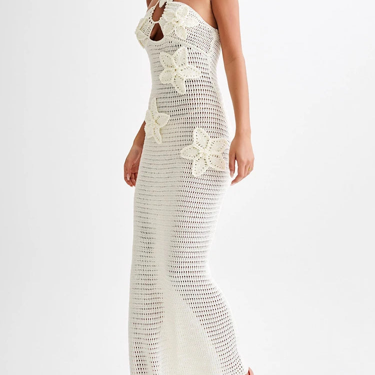 Patchwork Appliques Knitted Dress For Women Halter Sleeveless High Waist Slimming Dresses Female Fashion Clothes