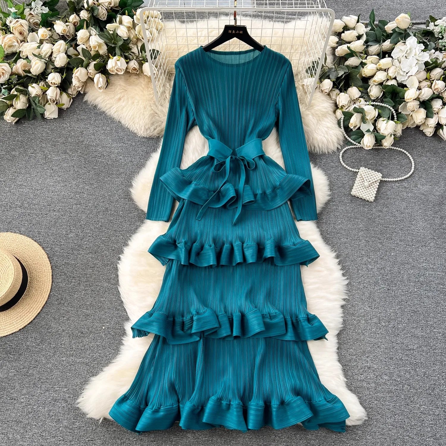 Miyake Multi-layer Cascading Pleated Dress Women O Neck Long Sleeve Solid Color Ruffles Cake Belt Dress Female Party Clothing Blue One Size