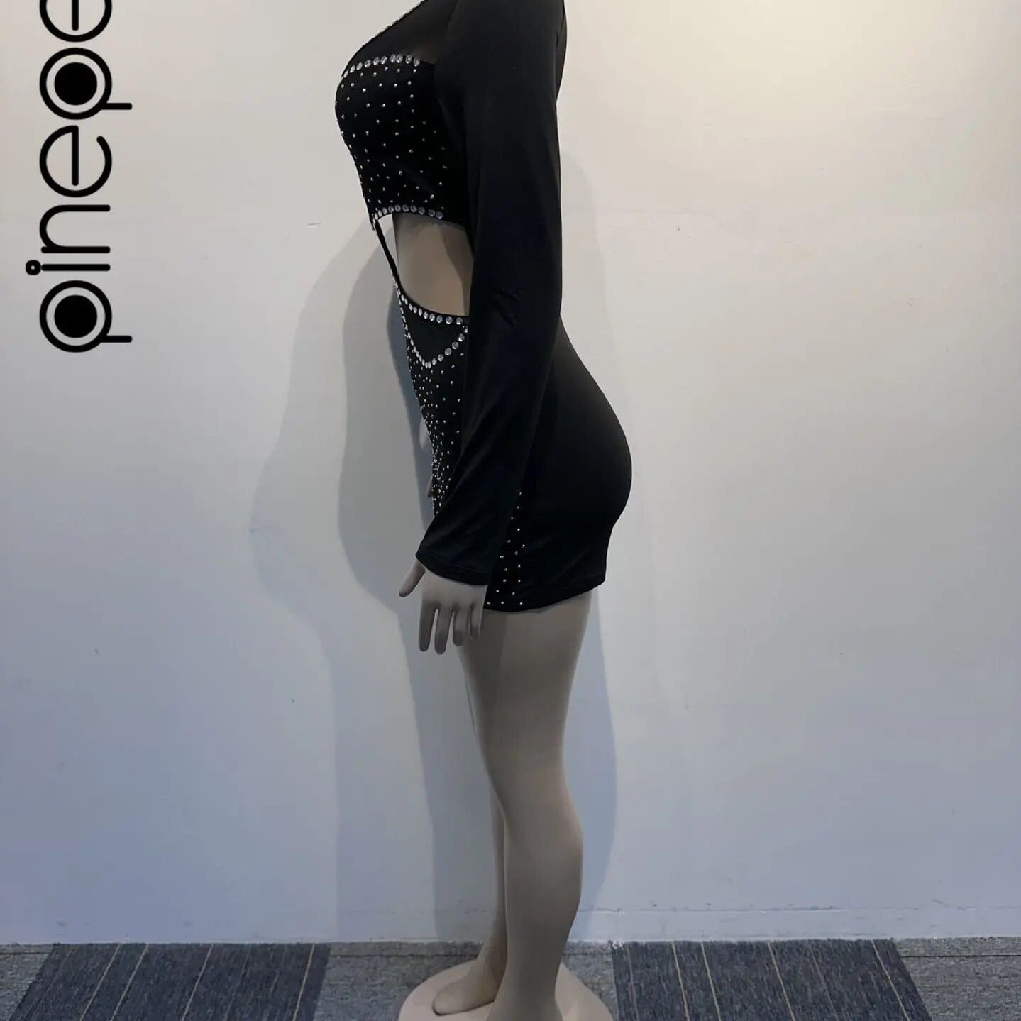 Shiny Diamonds Mesh Playsuits Women Long Sleeve Deep V Neck Sexy Hollow Out See Through Club Party Short Jumpsuits