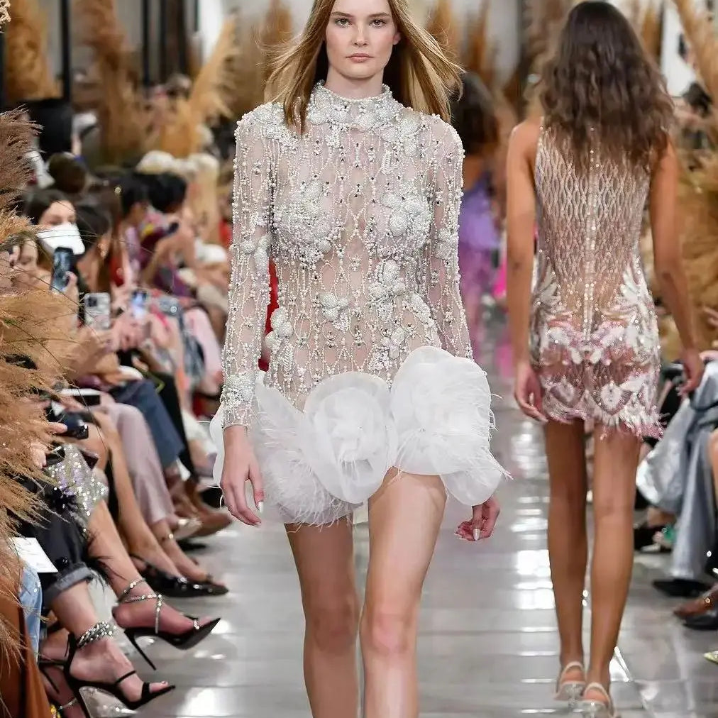 Luxury Exquisite Beading White Flowers Sexy See Through Mini Evening Dress Woman Birthday Party Dress Performances Costume WHITE