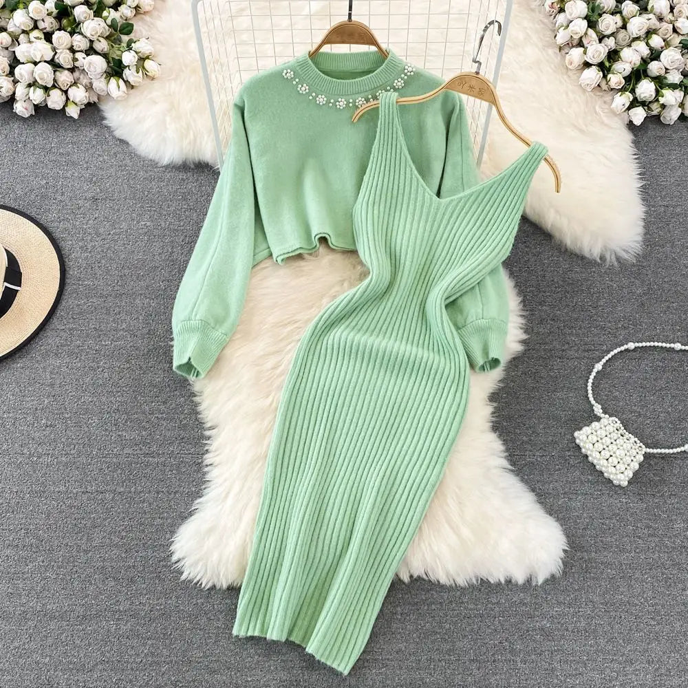 Sweater Set Casual Pullovers Suits Slip Dress For Women Slim Solid Autumn Winter Knitted Long Sleeve Elegance Elastic Sweet Green