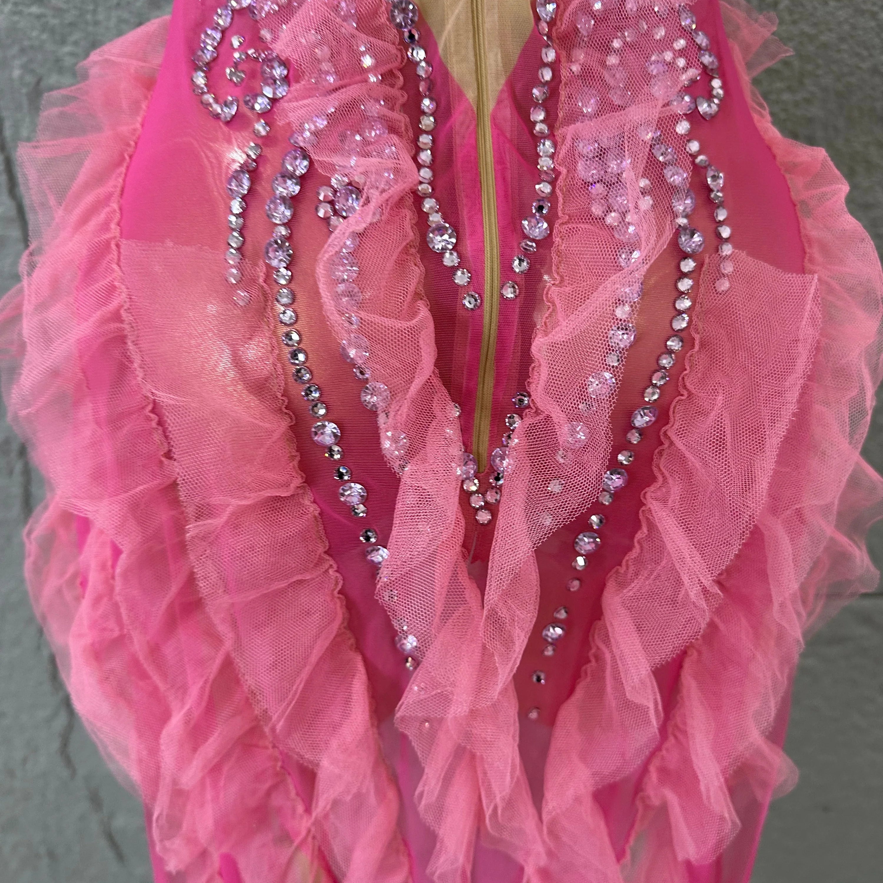 Women Sheer Mesh Rhinestone Ruffle Embellished Latin Dance Performance Costume Elegant Pink Spaghetti Strap Mini Dress