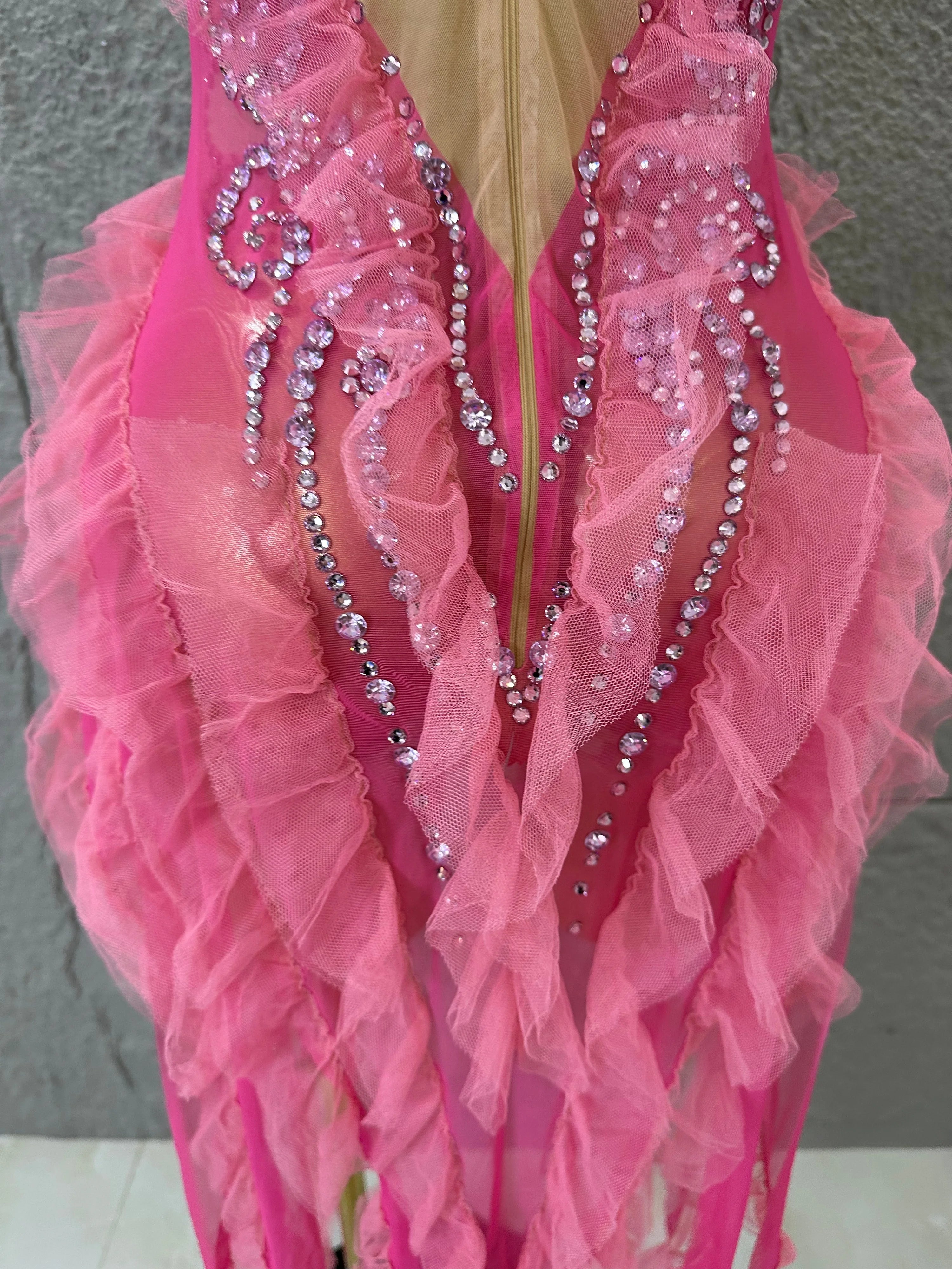 Women Sheer Mesh Rhinestone Ruffle Embellished Latin Dance Performance Costume Elegant Pink Spaghetti Strap Mini Dress