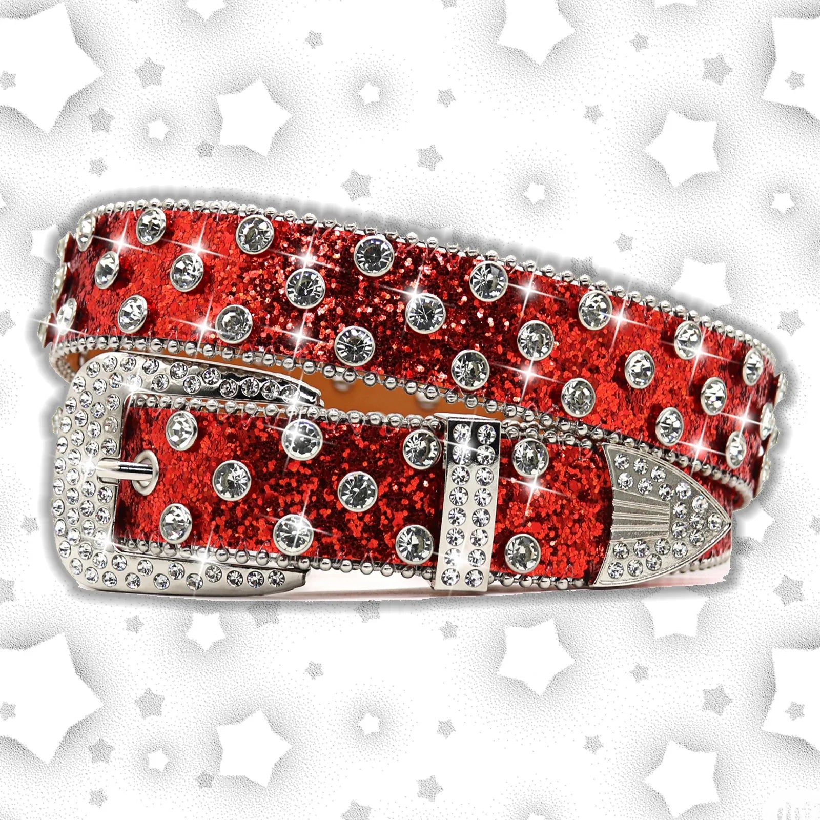 Western Cowgirl Bling Studded Design Leather Diamond Belt Men Women Fashion Dazzling Rhinestone Belt for Jeans Dress Red